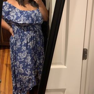 blue and white high low floral dress